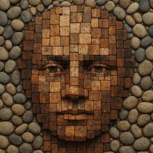 A face composed of many different types of wood_who are we this year