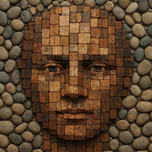 A face composed of many different types of wood_who are we this year