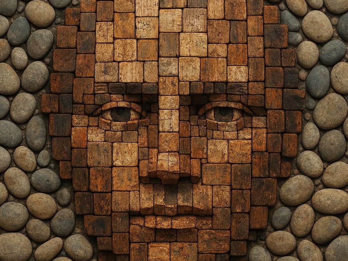 A face composed of many different types of wood_who are we this year