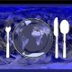 What we count, and what we discount, matters. Nighttime view of Earth showing populated areas (NASA), world on a plate, with fork, knife & spoon. 